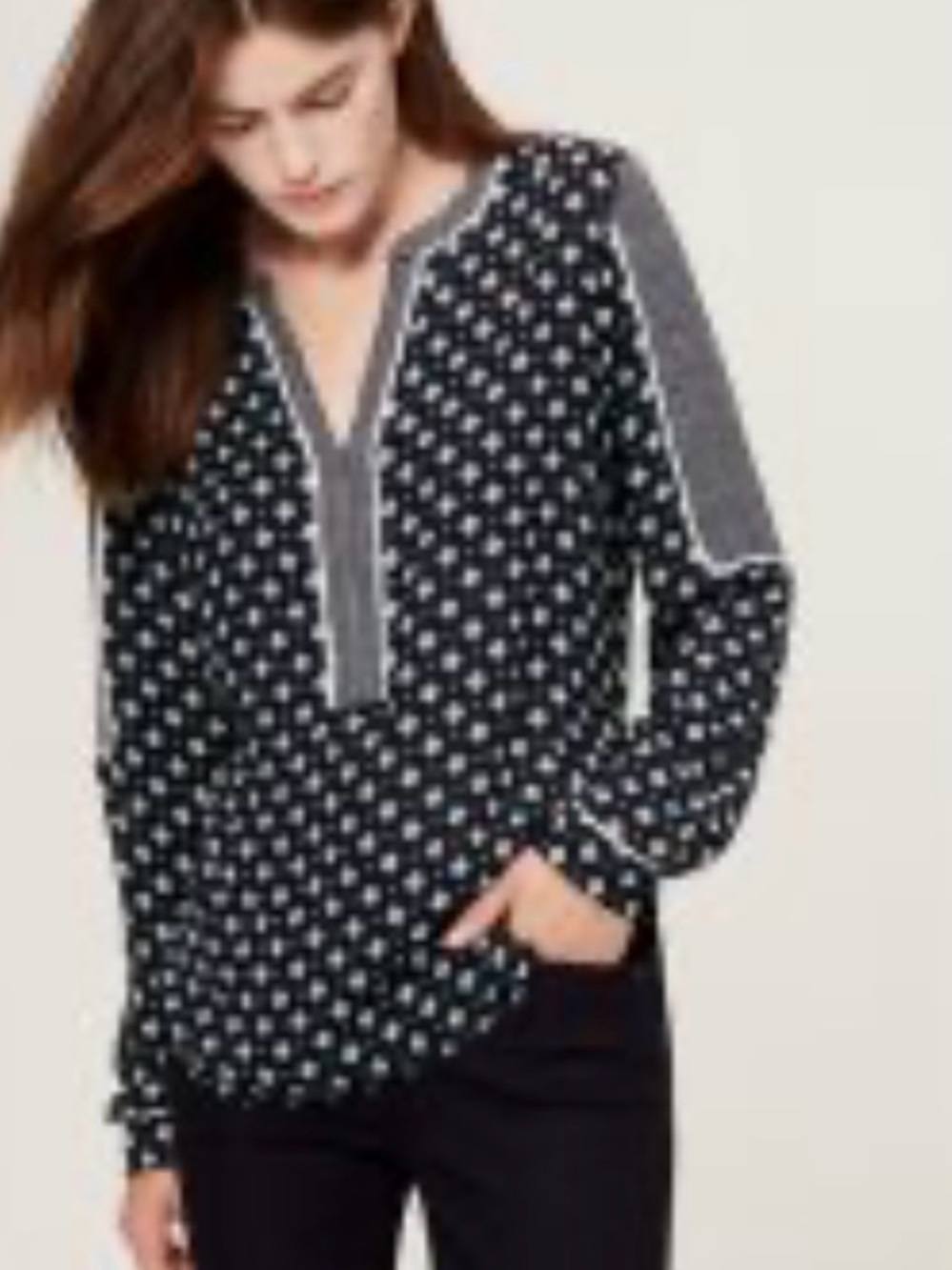LOFT Navy and White V-Neck Printed Long-Sleeve Blouse